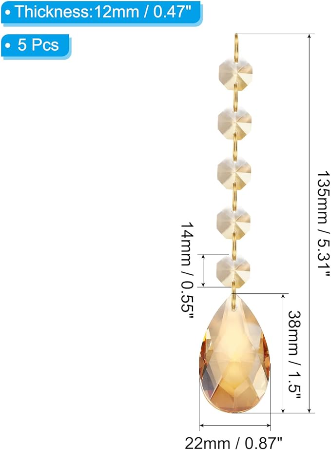 PATIKIL Teardrop Crystal Chandelier Pendants Beads, 5 Pack 135mm Length 38mm Chandelier Prisms Parts Ornaments Hanging Beads for DIY Arts Crafts Decoration, Electroplating Gold Tone