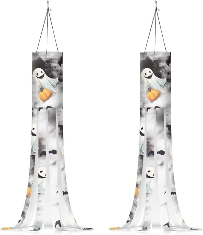 Jeiento 40 Inch Halloween Ghost With Pumpkin Garden Windsock - Halloween Themed Holiday Outdoor Hanging Decoration, 2 Piece Set