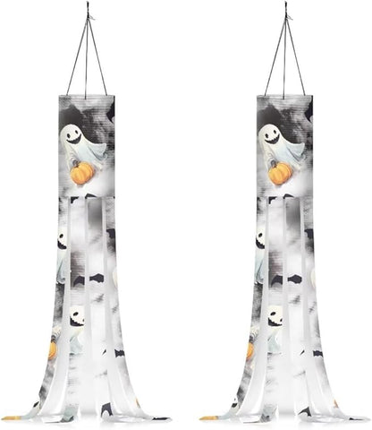 Jeiento 40 Inch Halloween Ghost With Pumpkin Garden Windsock - Halloween Themed Holiday Outdoor Hanging Decoration, 2 Piece Set