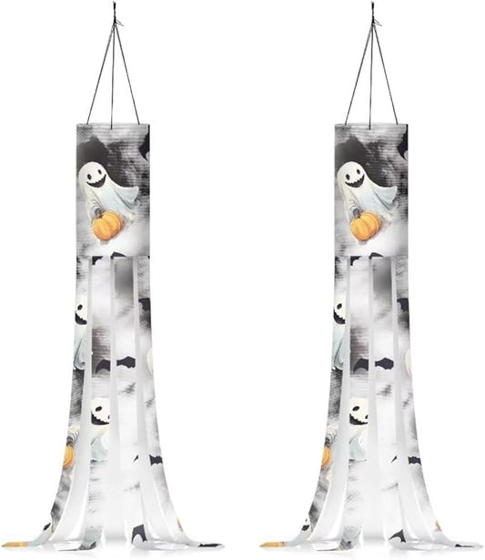 Jeiento 40 Inch Halloween Ghost With Pumpkin Garden Windsock - Halloween Themed Holiday Outdoor Hanging Decoration, 2 Piece Set