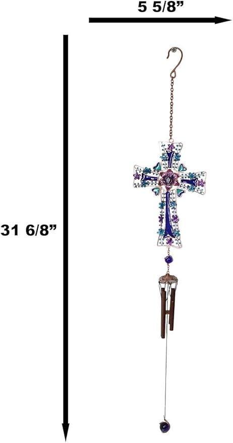 Ebros Gift Blue Floral Aquamarine Cross with Gemstones and Crystals Metal Scroll Filigree Resonant Relaxing Wind Chime 31" Long Aluminum Rods Hanging Mobile Home Patio Garden Decor