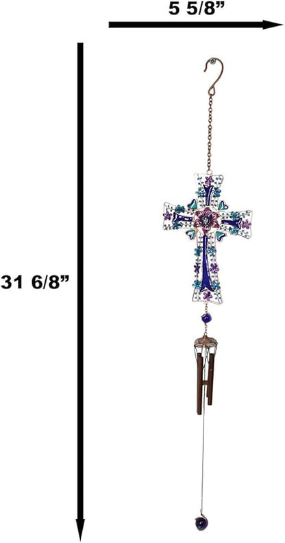 Ebros Gift Blue Floral Aquamarine Cross with Gemstones and Crystals Metal Scroll Filigree Resonant Relaxing Wind Chime 31" Long Aluminum Rods Hanging Mobile Home Patio Garden Decor