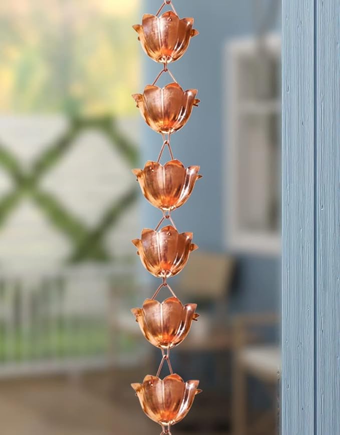 Monarch Rain Chains Pure Copper Lotus Rain Chain with Gutter Adapter, 8.5 ft Decorative Downspout Replacement & Copper Rain Chain Gutter Adapter