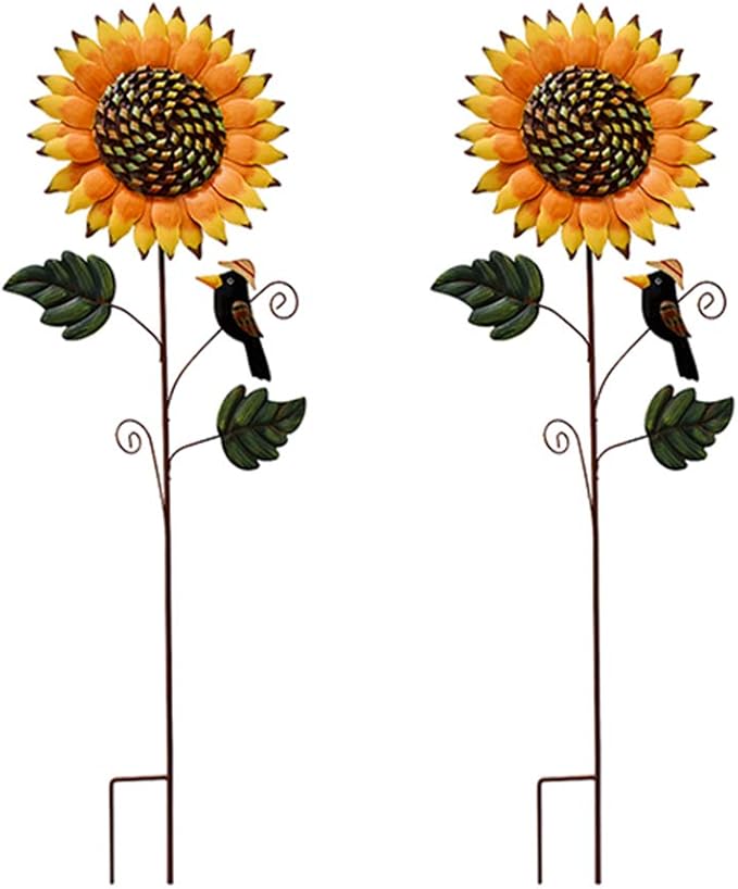 Kilipes Metal Sunflower Yard Stake with Crow Decor Flower Garden Stake Decorative Outdoor Decor for Patio Lawn Plant Pot (2)