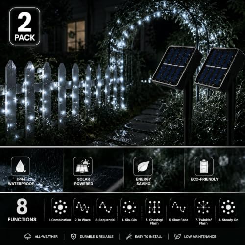 Solar String Lights - 200 LED Cool White, 8 Modes (2 Pack)