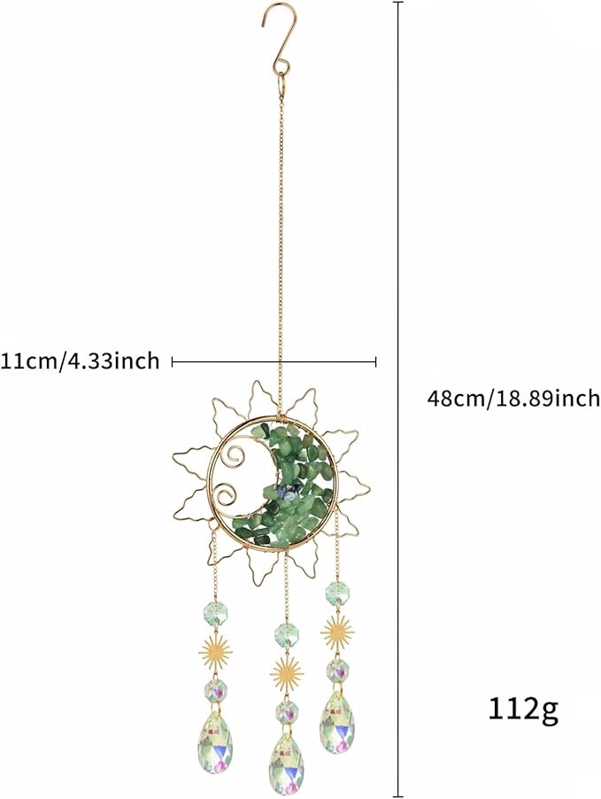 Sun & Crescent Crystal Suncatcher, Crystal Hanging Prism, Rainbow Makers, Housewarming Gift, Garden Decoration, Window Ornament (Green)