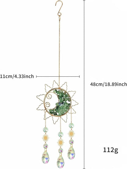 Sun & Crescent Crystal Suncatcher, Crystal Hanging Prism, Rainbow Makers, Housewarming Gift, Garden Decoration, Window Ornament (Green)