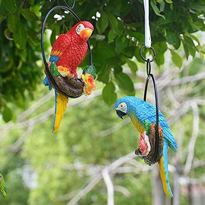 Mini Garden Statues Hanging Iron Ring Parrots, Resin Parrot Hanging Statue, Hanging Birds Figurine for Pathways Yard Patio Office Home Indoor Outdoor Tree Decorations (A-2)