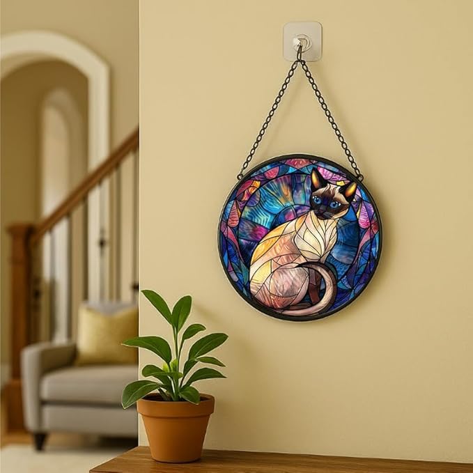 Stained Glass Window Hanging - Halloween Siamese Cat， 7.8in Sun Catchers Panel for Indoor Decorative Display for Mom， Wife， Lovers， Festive