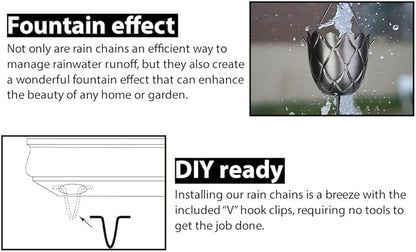 RainChains Pacific Fluted Scalloped Rain Chain 8.5ft Black Aluminum Rain Chain for Heavy Rain Premium Decorative Gutters.