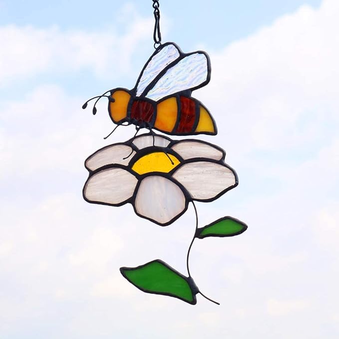 Bee Suncatcher Flower Stained Glass Window Hangings, Bees Decor Party Birthday Bee Gifts for Women,Bee Lovers, Housewarming Gifts.