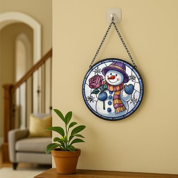 Stained Glass Window Hanging - Smiling Snowman with Rose,6.3in Sun Catchers Panel for Indoor Decorative Display for Mom， Wife， Lovers， Festive
