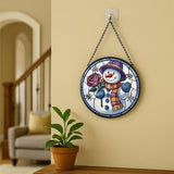 Stained Glass Window Hanging - Smiling Snowman with Rose,6.3in Sun Catchers Panel for Indoor Decorative Display for Mom， Wife， Lovers， Festive