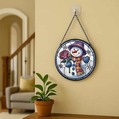 Stained Glass Window Hanging - Smiling Snowman with Rose,6.3in Sun Catchers Panel for Indoor Decorative Display for Mom， Wife， Lovers， Festive