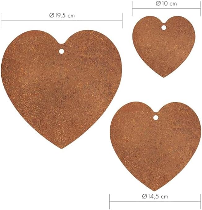 3 Pcs Metal Garden Hanging Hearts Rusty Garden Ornaments Outdoor Heart Hanging Decor Vintage Yard Decorations with 5m Hemp Rope for Balcony and Terrace