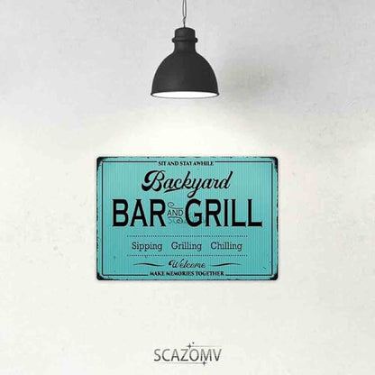 SCAZOMV Backyard Bar and Grill Metal Sign - Indoor/Outdoor Patio Decor for Home Barbecue - Funny Accessories for Home Bar