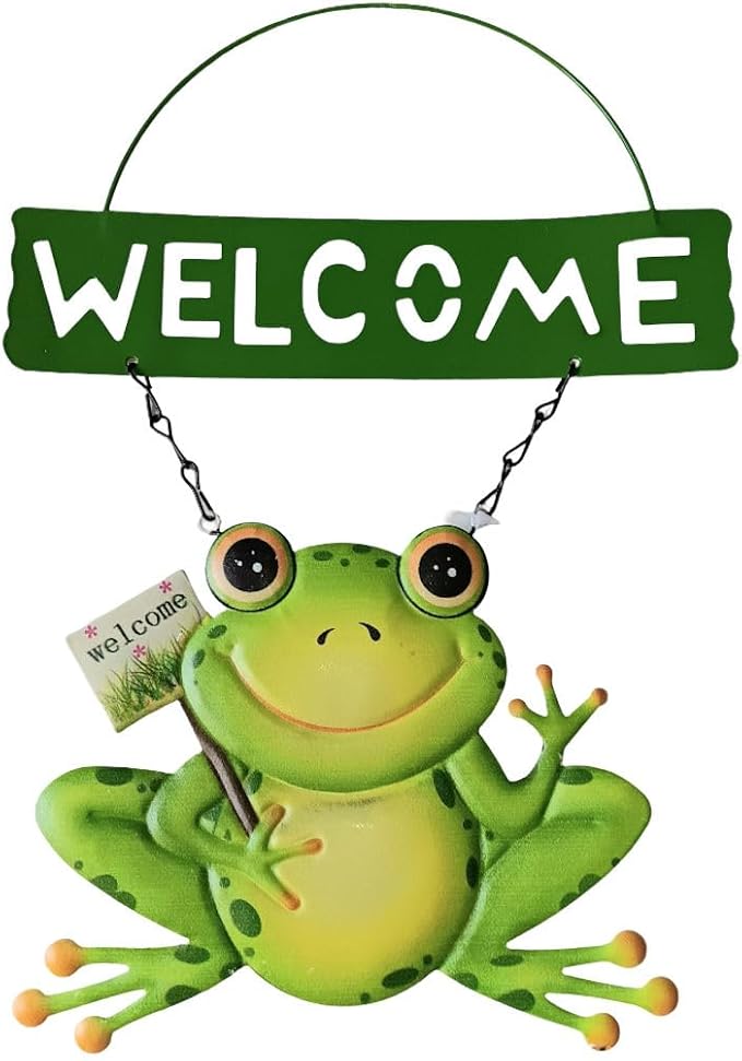Greenbrier Metal Frog Welcome Sign for Garden, Patio, Porch, Home Decor, 11 inches Long, Green