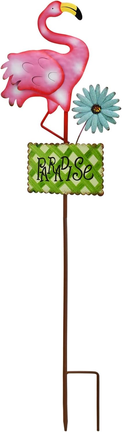 Metal Flamingo Garden Stakes Welcome Yard Sign Decorative Pink Flamingos Ornament Indoor Outdoor Party Stake Lawn Art Patio Backyard Flower Bed Decor (Green, L)
