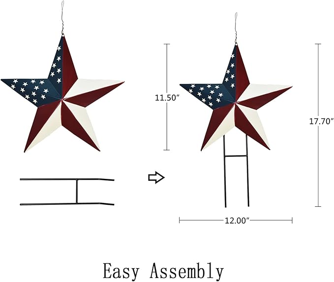 Metal Barn Star Yard Sign Patriotic Garden Stakes Hanging Star Ornament with Stake Outdoor 4th of July Lawn Decoration Party Supplies USA Flag Decor for Independence Day Memorial Day