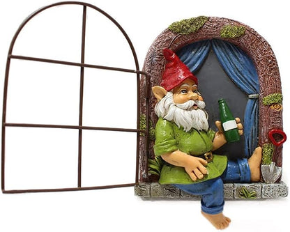 Funny Garden Gnome Accessories Tree Hugger Statue Gnome Dringking Beer by Window, Fairy Garden Decoration, Whimsical Tree Sculpture Peeker, Patio Yard Lawn Porch Decoration,Christmas New Year Gift