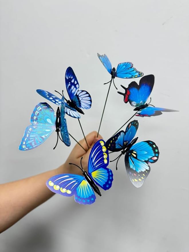 3D Butterfly Garden Stake Decor,10" PVC Butterfly Garden Decor for Outside,Shaking Head Artificial Butterflies for Cake Bouquet Wall Lawn Pathway Plant Pot Flower Bed Yard Decor (50, Royal Blue)