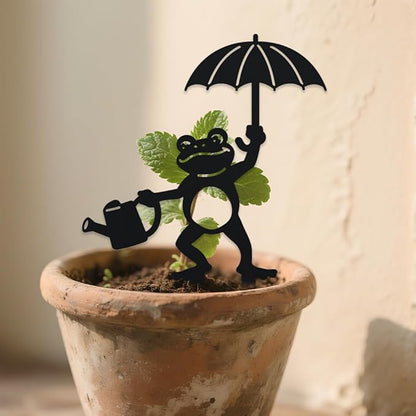 WADORN Watering Frog with Umbrella Decorative Silhouette Garden Stakes, Metal Frog Animals Stakes Statues Ornaments Lovers Gifts Yard Art Black Silhouette Yard Outside Decor, 10.2x14.2 Inch