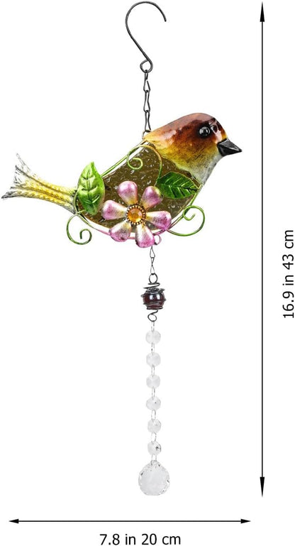 Wrought Iron Crystal Garden Hanging Ornament with Yellow Bird Pendant for Patio and Window Sun Outdoor Décor