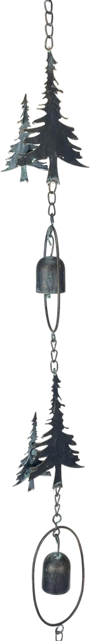 Things2Die4 70-Inch Metal Rain Chain with 5 Forest Tree Silhouettes & Zen Bells, Dark Verdigris Finish, 3.25-Inch Diameter, Decorative and Functional Downspout Alternative