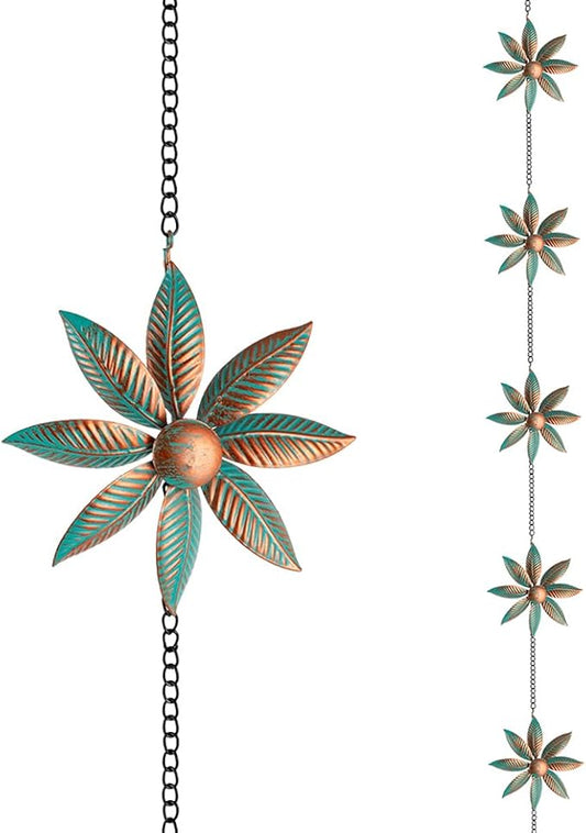 dreamysoul Rain Chains with Spinner Cups, Bronze Flower Decorative Rain Catcher Chains for Downspout Gutters, Metal Garden Rain Chain Outdoor Decor
