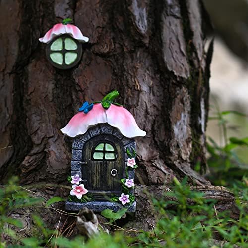 vomiceak Fairy Gnome Home for Tree Decor，Glow in Dark Fairy House Have Window and Door for Garden Decoration，Fairies Sleeping Door and Windows, Yard Art Garden Sculpture, Lawn Ornament