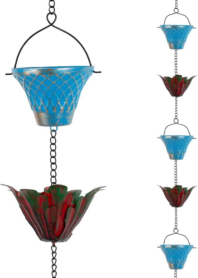 10FT Rain Chains for Outside, Rain Gutter Chain with 8 Cups & Lotus Decor, Adjustable Rain Catcher Chain for Eaves Drainage, Replacement for Downspout