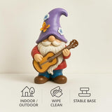 GoGnome Musical Gnome Figurine with Guitar – Handcrafted Resin Garden or Shelf Decoration, 6.2" Tall Whimsical Gnome Statue with Purple Hat, Flowers & Butterfly, Gift for Music Lovers (Purple)