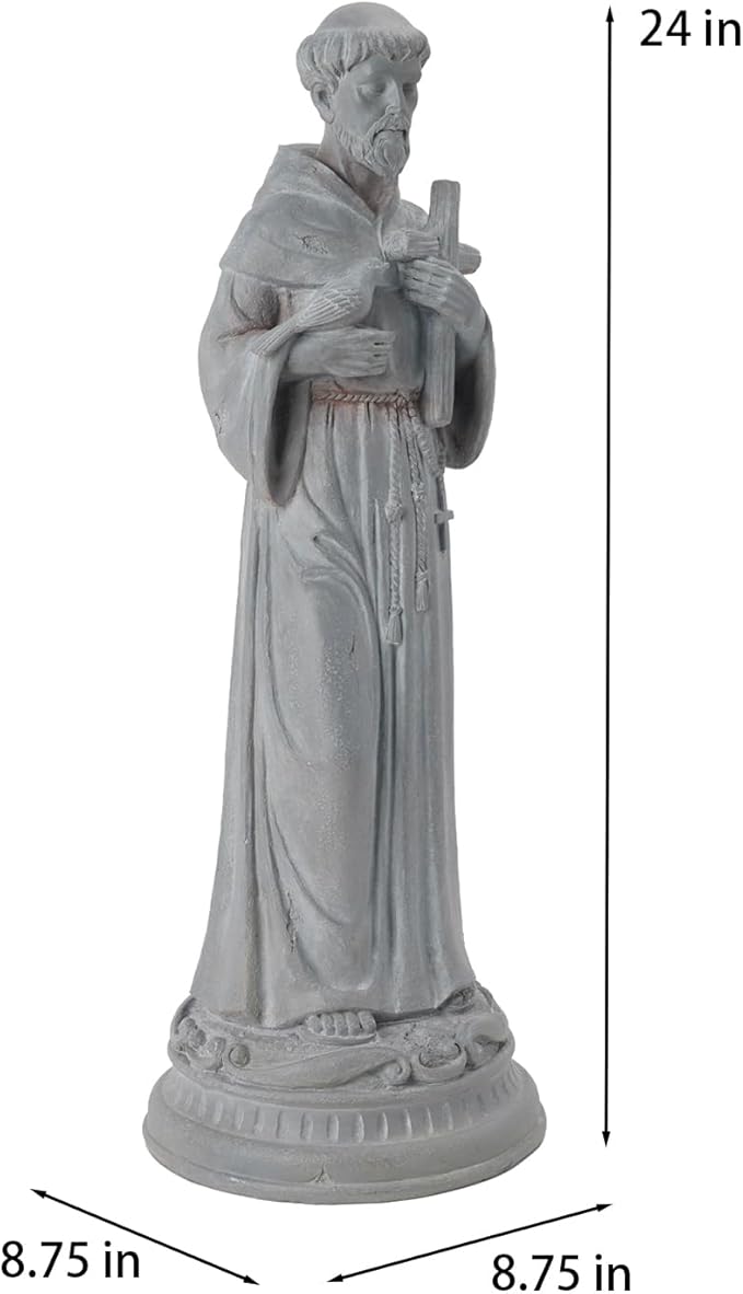 St Francis Garden Statue Outdoor - 24 in Garden Decorations Resin Standing Saint Francis with Cross Antique Finish Spiritual Gifts Religious Sculpture for Yard Lawn Farmhouse Decor Newman House Studio