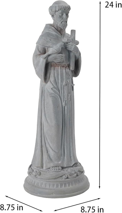St Francis Garden Statue Outdoor - 24 in Garden Decorations Resin Standing Saint Francis with Cross Antique Finish Spiritual Gifts Religious Sculpture for Yard Lawn Farmhouse Decor Newman House Studio