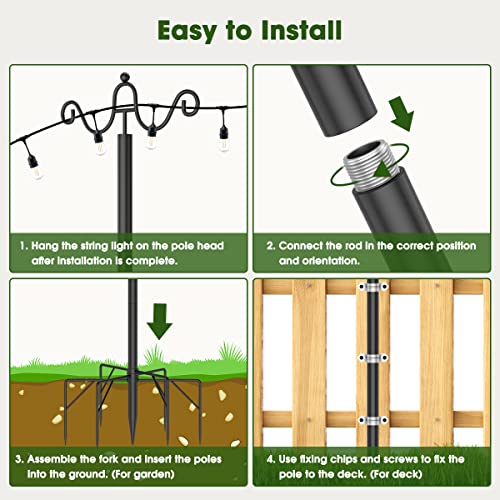 String Light Poles 9 FT Metal with Hook - 4 Pack
