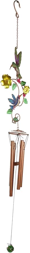 Ebros Gift Birds of Nature Hummingbird Hovering Nectar Flowers Art Glass Gemstones and Metal Resonant Wind Chime 32" High Copper Rods Hanging Mobile Home Patio Garden Decor