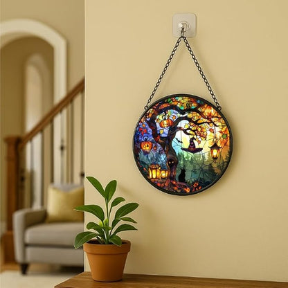 Stained Glass Window Hanging - 6.3in Pumpkin Lanterns and Black Cat Under Magic Tree with Witch Hat Sun Catchers Panel for Indoor Decorative Display for Mom, Wife, Lovers, Festive