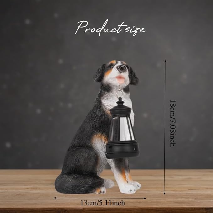 Solar Garden Dog Statue with Lanterns Outdoor Bernese Mountain Dog Garden Decor Figurine Lights for Patio Balcony Shelf Tabletop Lawn, Unique Housewarming Birthday Thanksgiving Gifts for Women Mom
