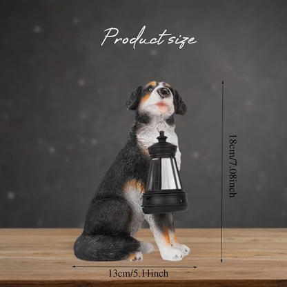 Solar Garden Dog Statue with Lanterns Outdoor Bernese Mountain Dog Garden Decor Figurine Lights for Patio Balcony Shelf Tabletop Lawn, Unique Housewarming Birthday Thanksgiving Gifts for Women Mom