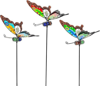 Butterfly Garden Decor for Outside,3 Pack Garden Stakes Decorative Stained Glass Butterfly Decoration Porch Yard Art Outdoor and Garden