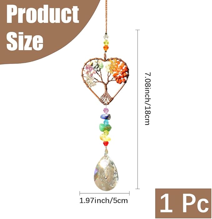 Suncatcher Window Hanging Tree of Life Heart Shaped Crystal Ball Prism Drop Ornament with Rainbow Maker Pendant for Garden Home Decor Indoor Outdoor Windows 7in