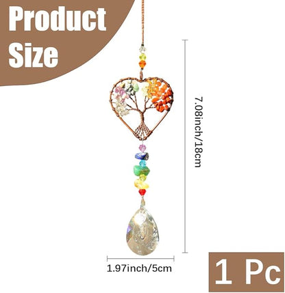 Suncatcher Window Hanging Tree of Life Heart Shaped Crystal Ball Prism Drop Ornament with Rainbow Maker Pendant for Garden Home Decor Indoor Outdoor Windows 7in