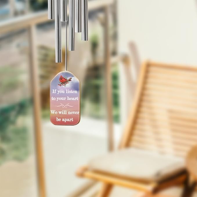 Personalized Sympathy Wind Chimes for Loss of Loved One, 17 Inches, Cardinal - Add Photo and Text - Metal Tubes and Custom Wooden Striker Windcatcher
