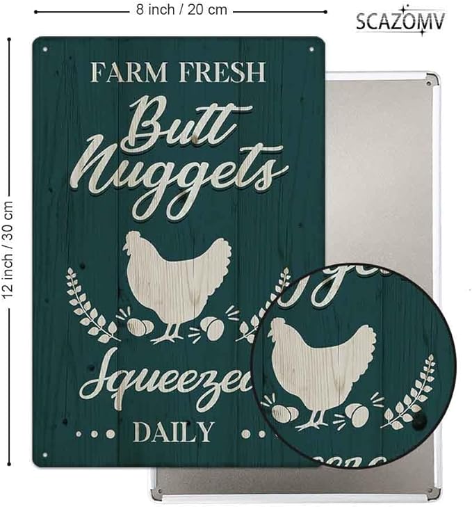 Chicken Coop Tin Sign-Farm Fresh Butt Nuggets, Vintage Metal Hanging Plaque for Egg Market Farm Barn Yard Garden Home Kitchen Bar Wall Decor Hen House Accessories Outdoor (12" x 8")