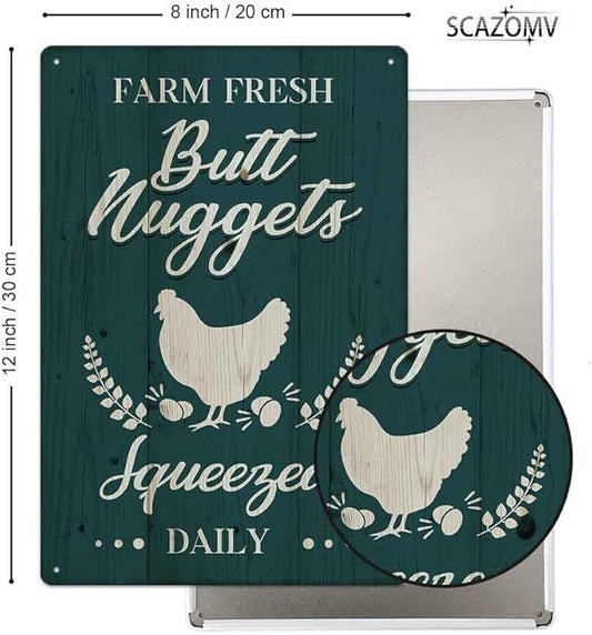 Chicken Coop Tin Sign-Farm Fresh Butt Nuggets, Vintage Metal Hanging Plaque for Egg Market Farm Barn Yard Garden Home Kitchen Bar Wall Decor Hen House Accessories Outdoor (12" x 8")