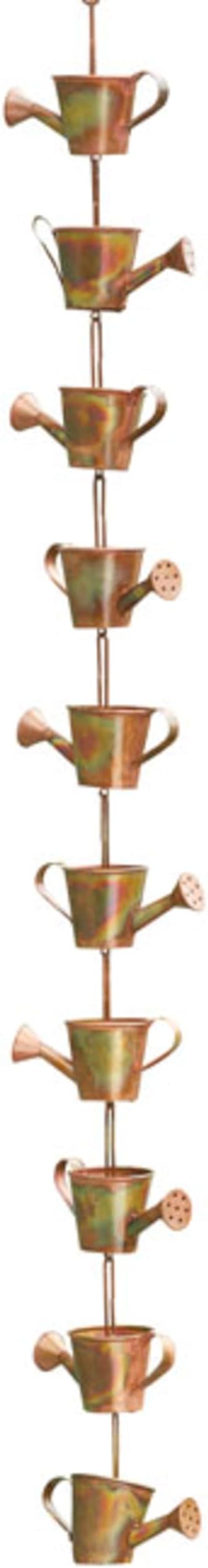 Ancient Graffiti Watering Can Rain Chains, Copper-Colored Steel Decorative Downspout Alternative, Pack of 2, 91-Inch Long Whimsical Gutter Chains with Easy-Install Gutter Clips