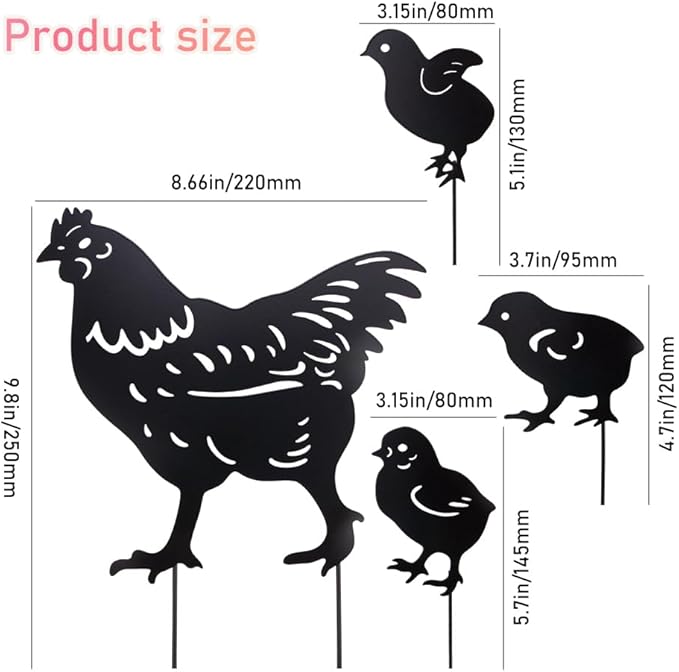 4Pcs Metal Chicken Garden Decorative Statues Distinct Hen and Chicks Silhouette Design,Black Hollow-Cut Yard Art, Perfect Decor for Lawns Yard Gardens