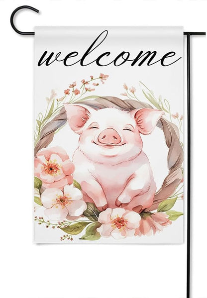 Gkyygk Welcome Garden Flag Pig Pink Flowers 12x18 Inch Banners Vertical Double Sided Small Yard Flag Burlap Farmhouse Outdoor Lawn Patio Decor