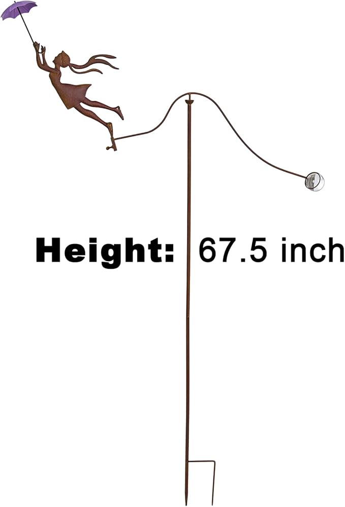 Metal Balanced Garden Decorative Stakes 67.5" High, Rusty Funny Iron Balancing Yard Art, Beach Decor Balancer Stake, Girl Holds Umbrella, Present to Mother Woman as Lawn Court Patio Outside Art