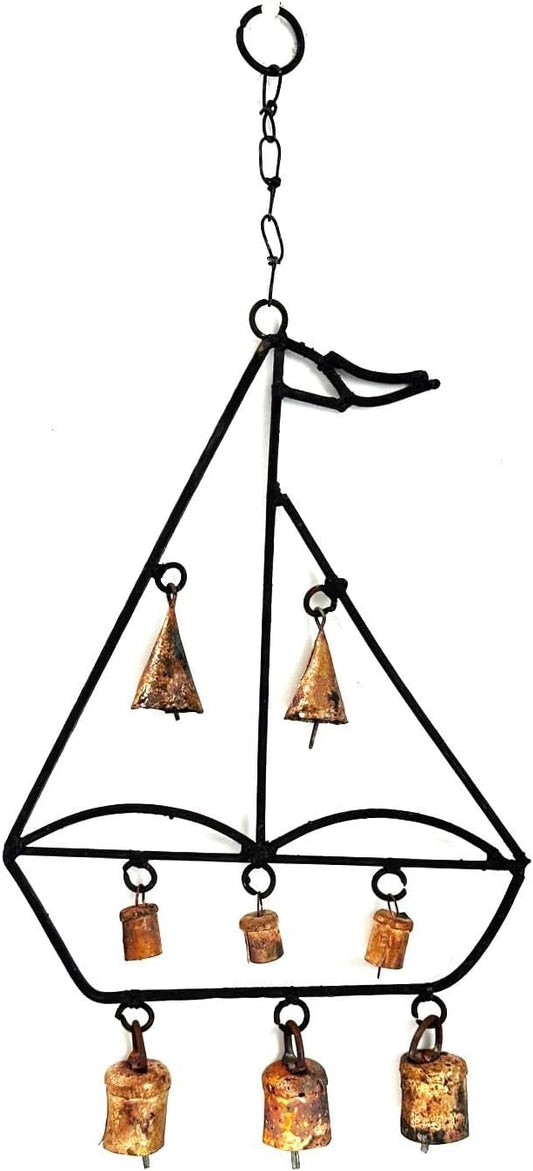 Nautical Sailboat Wind Chime – 8 Copper Bells – 19” Rustic Black & Copper Metal Garden Decor – Handcrafted Outdoor Hanging Chime for Porch, Patio, or Yard – Vintage Maritime Home Accent